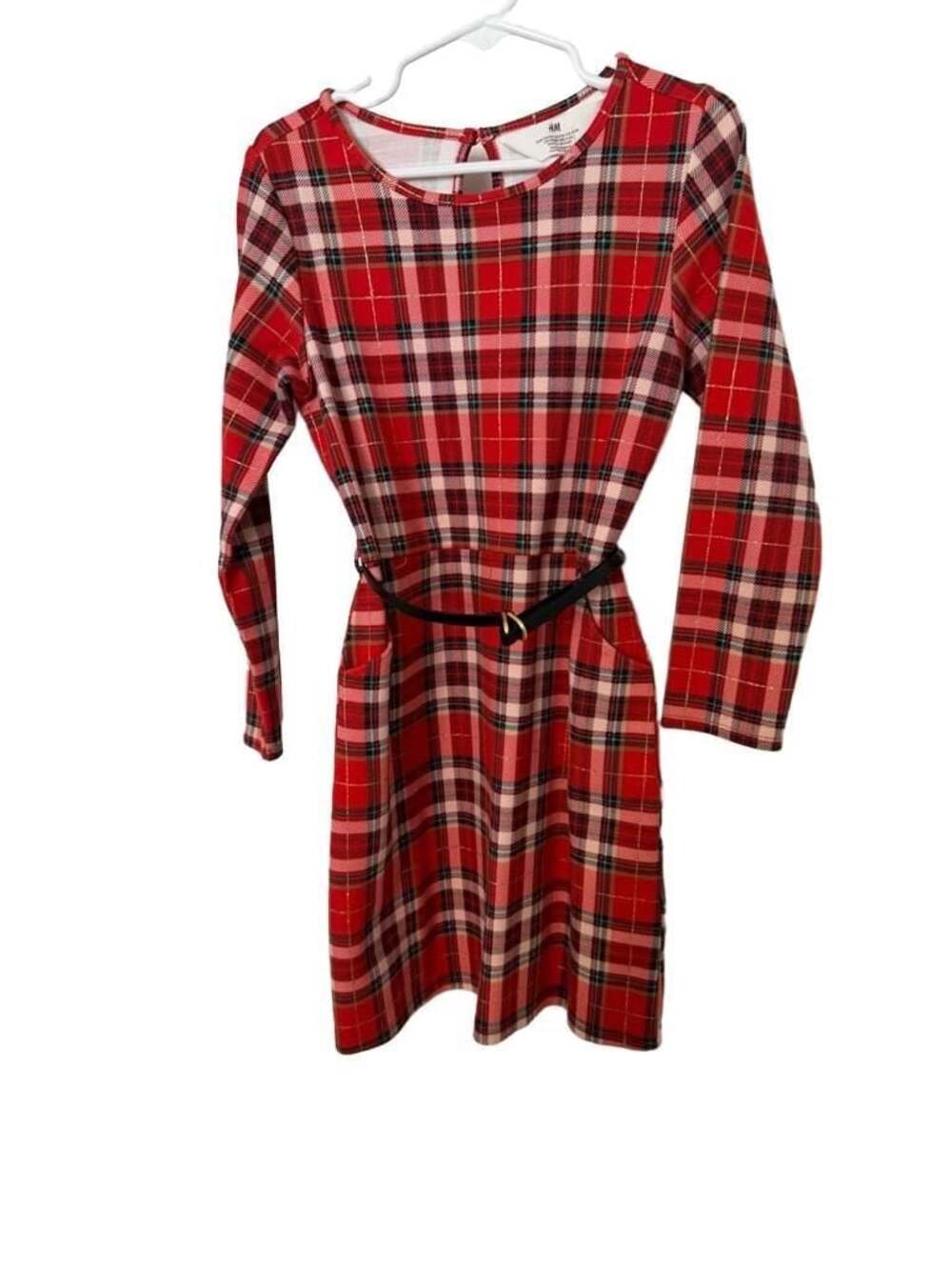 H&M Girls Red Plaid Long Sleeve Dress with Belt